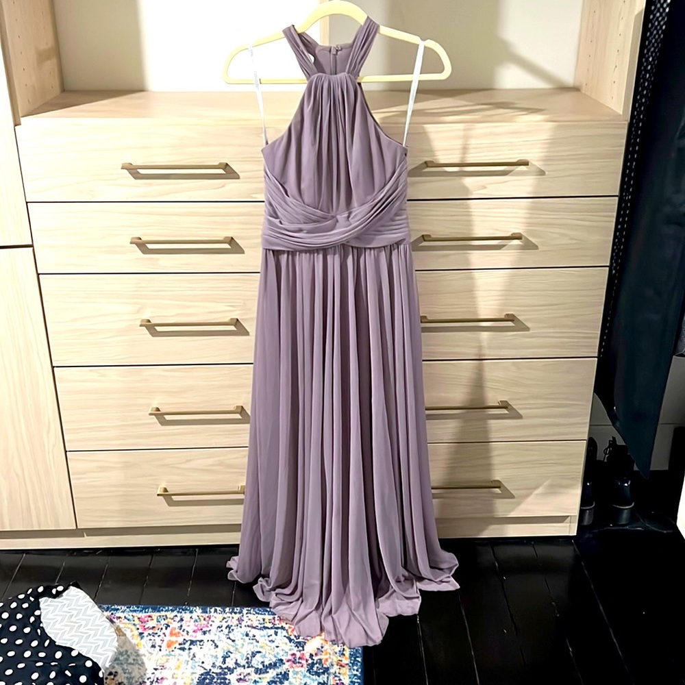 David’s Bridal | Style # F19931 | mesh bridesmaid dress with high-neck halter